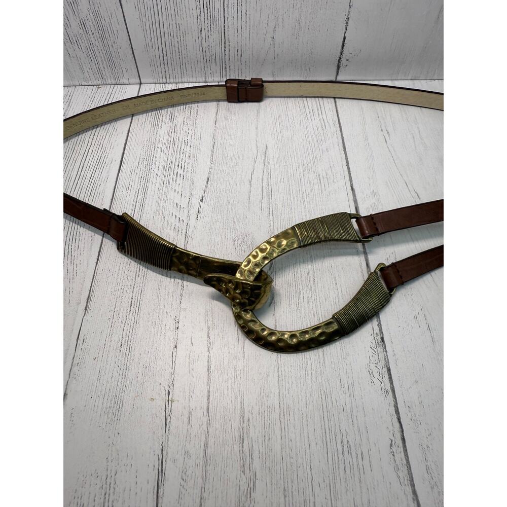 Chico's Hammered Brass Brown Leather Adjustable Belt Artsy Boho Small Medium - Picture 14 of 14